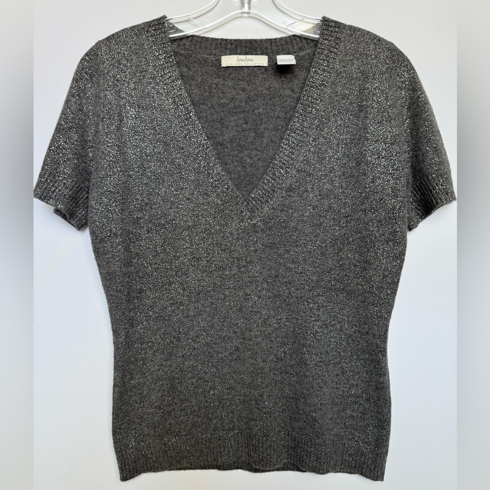 Neiman Marcus Cashmere Collection Metallic Gray V-Neck Sweater Size S